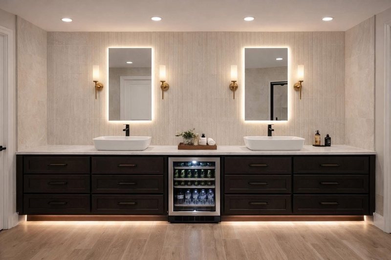 Dark floating double vanity with two LED mirrors, under-cabinet lighting and a built-in beverage fridge