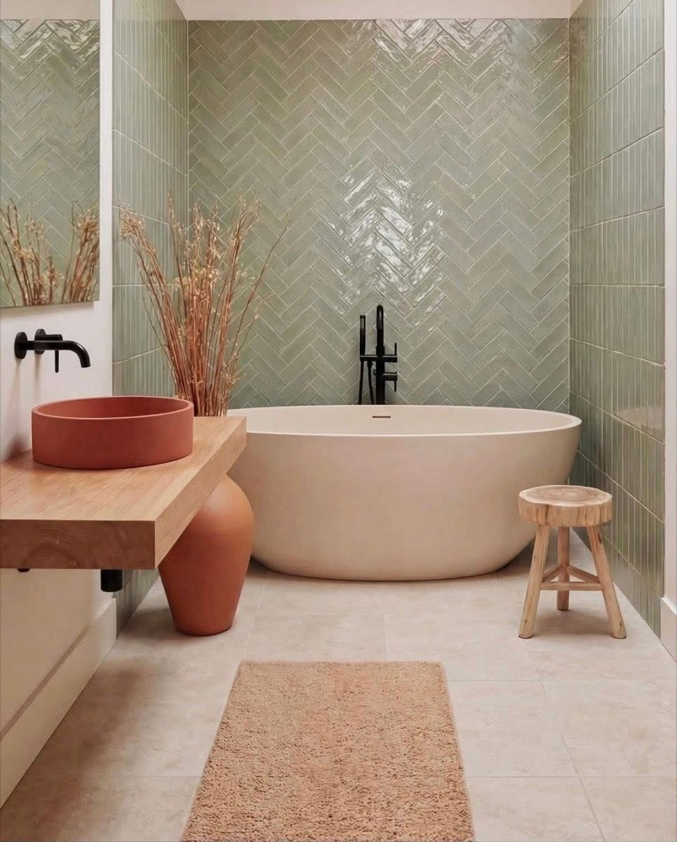 Bathroom with sage green herringbone tile, a freestanding oval tub with matte black floor-mount filler and a floating wood vanity with a vessel sink