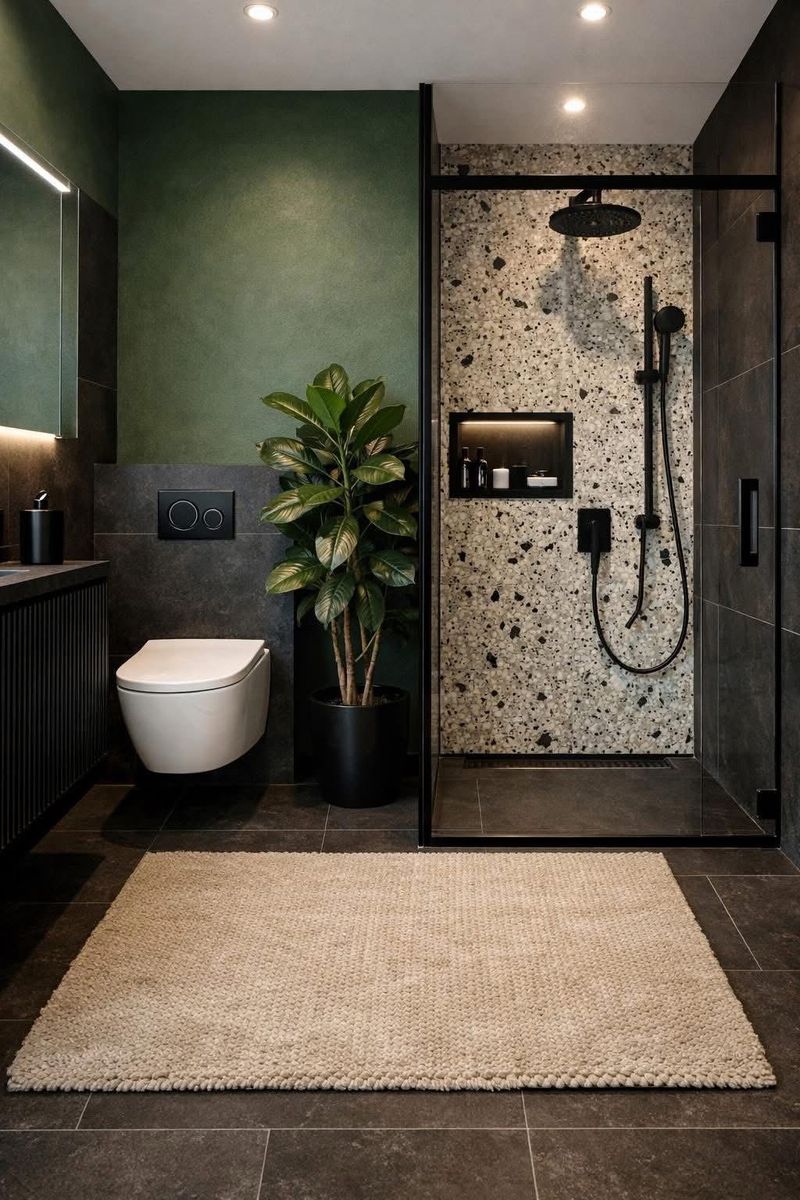 Walk-in shower with terrazzo-look tile, a lit niche and matte black fixtures, beside a deep green wall and wall-hung toilet